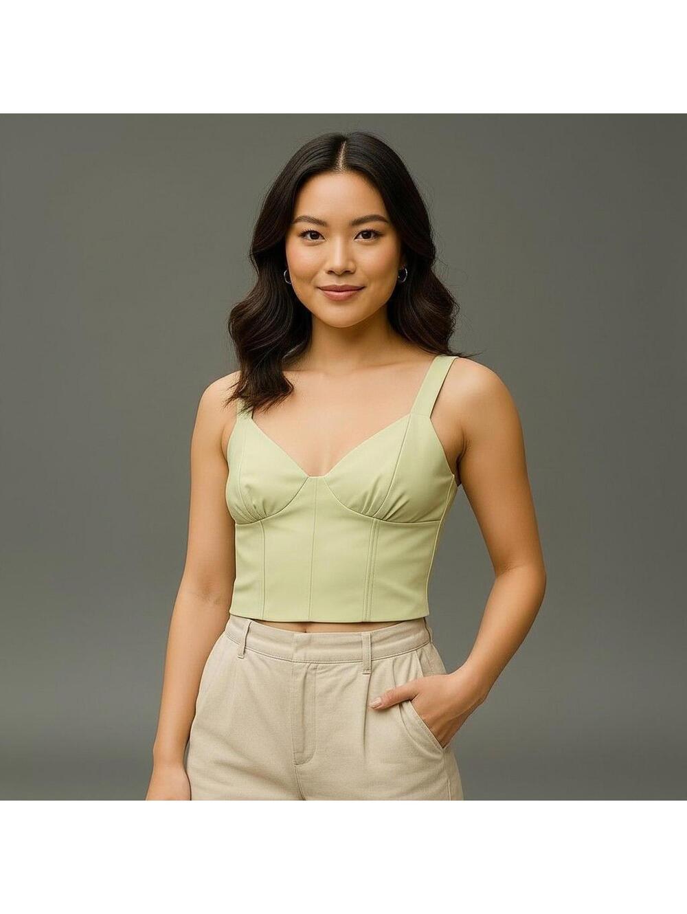 Green Corset Crop Top XS Structured Bustier Cami Rayon Zip Backyard Roses New